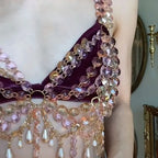 Glitter Crystal Pearl Tassel Crop Top - Backless Sheer Performance Top