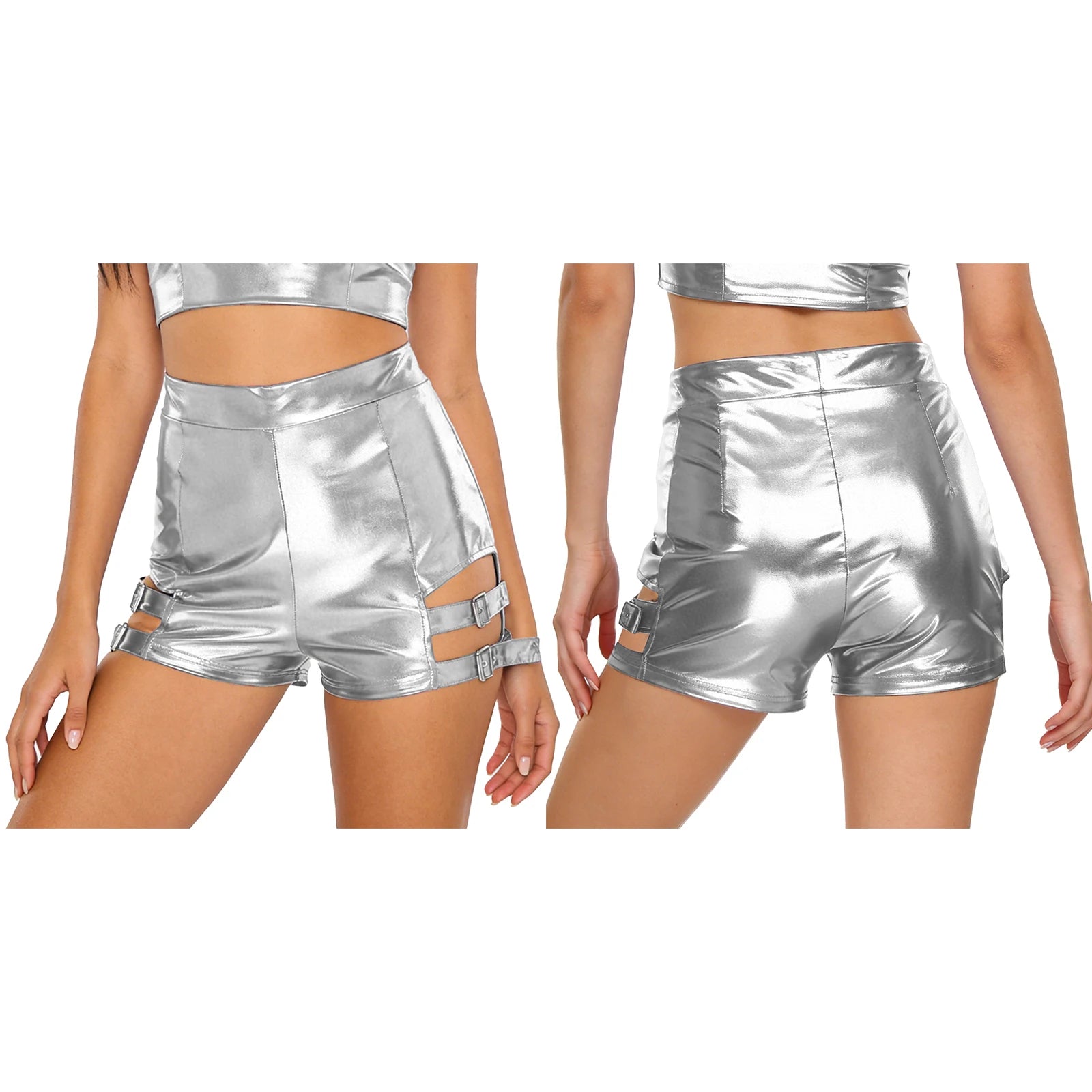 Holographic High-Waist Shorts | Cutout + Metal Buckles