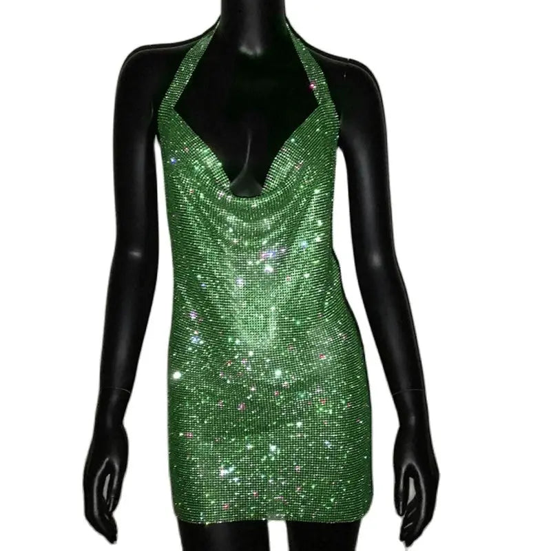 Crystal Rhinestone Halter Mini Dress - Backless Metal Mesh Cocktail Dress