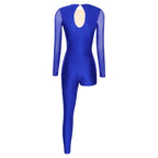 Women's Rhinestone Asymmetric Jumpsuit | One Long Leg & Sheer Mesh Illusion | Performance Bodysuit