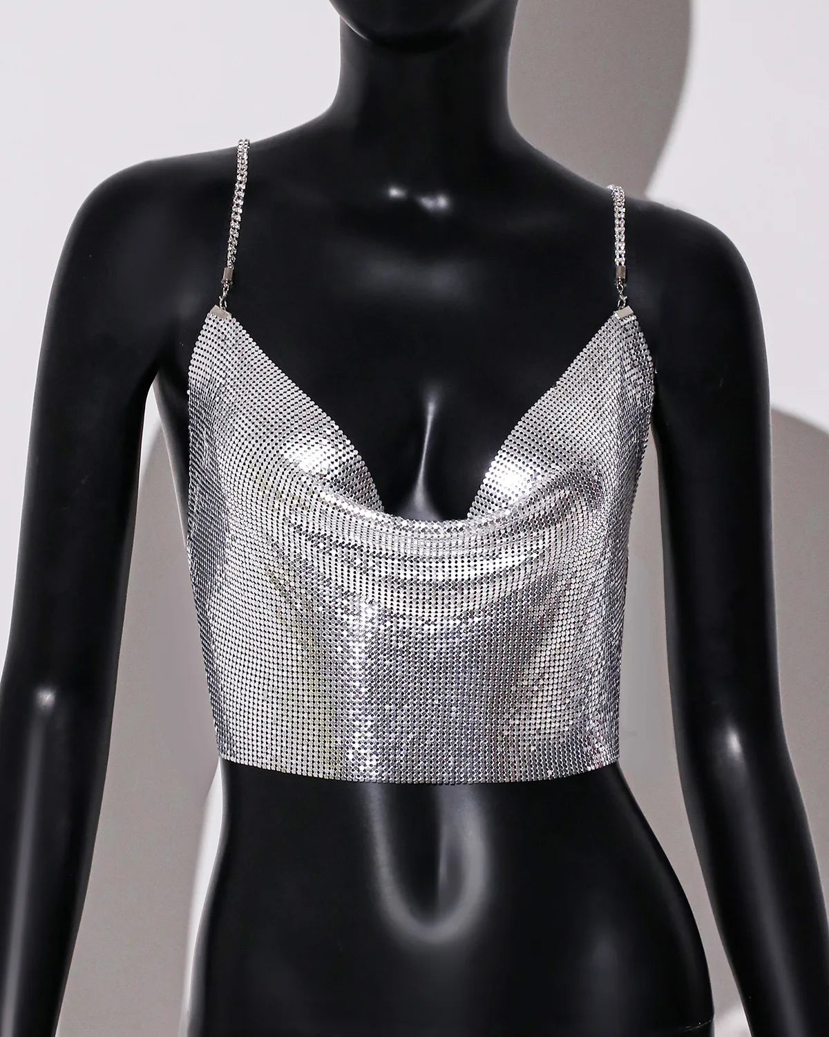 Metal Sequin Rhinestone Chain Crop Top - Deep V Backless Tank