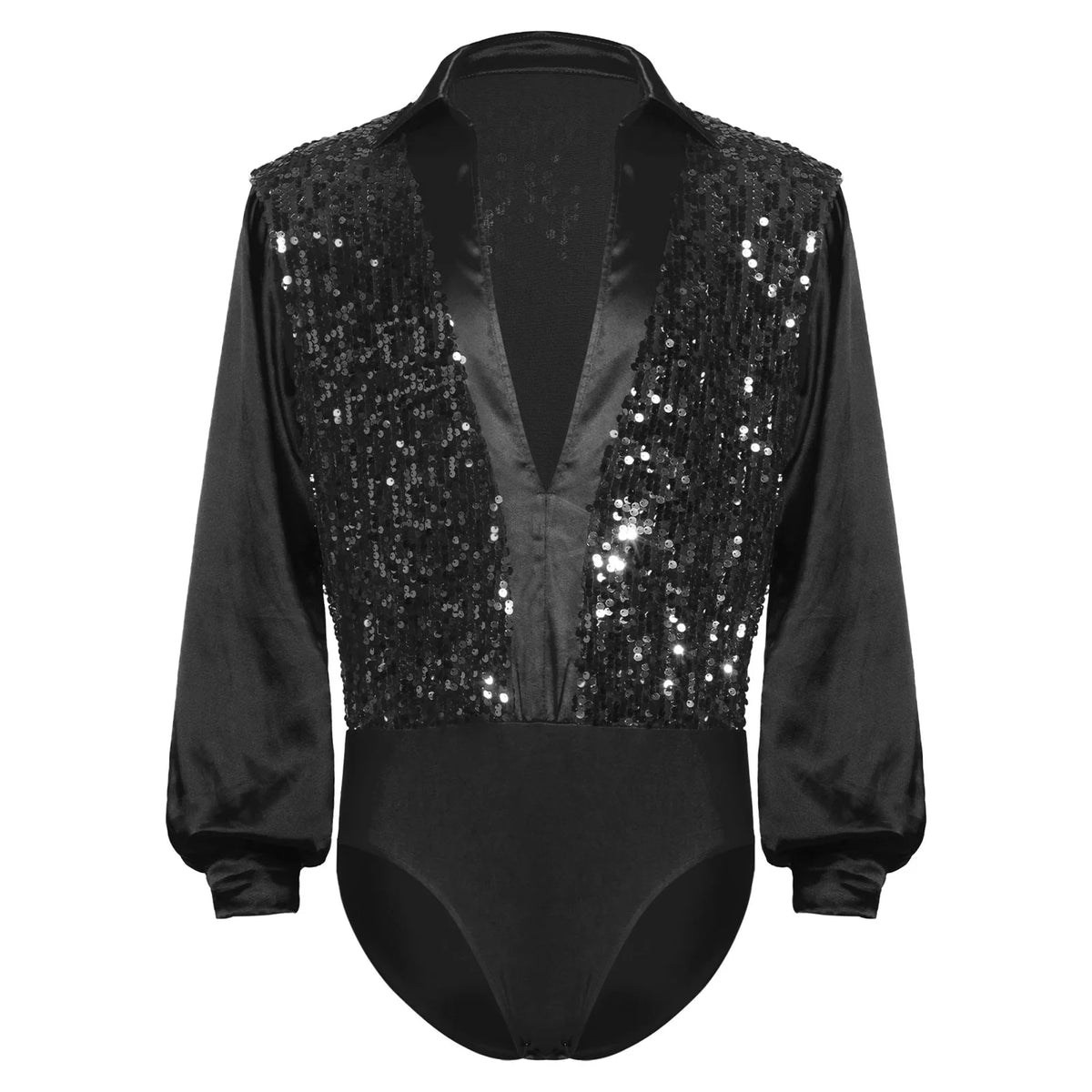 Men's Sequin V-Neck Dance Bodysuit | Satin Long Sleeves & Snap Crotch | Latin & Ballet