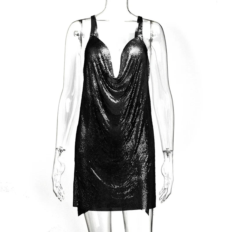 Sparkly Metal Sequin Halter Mini Dress - Backless Side Split Party Dress