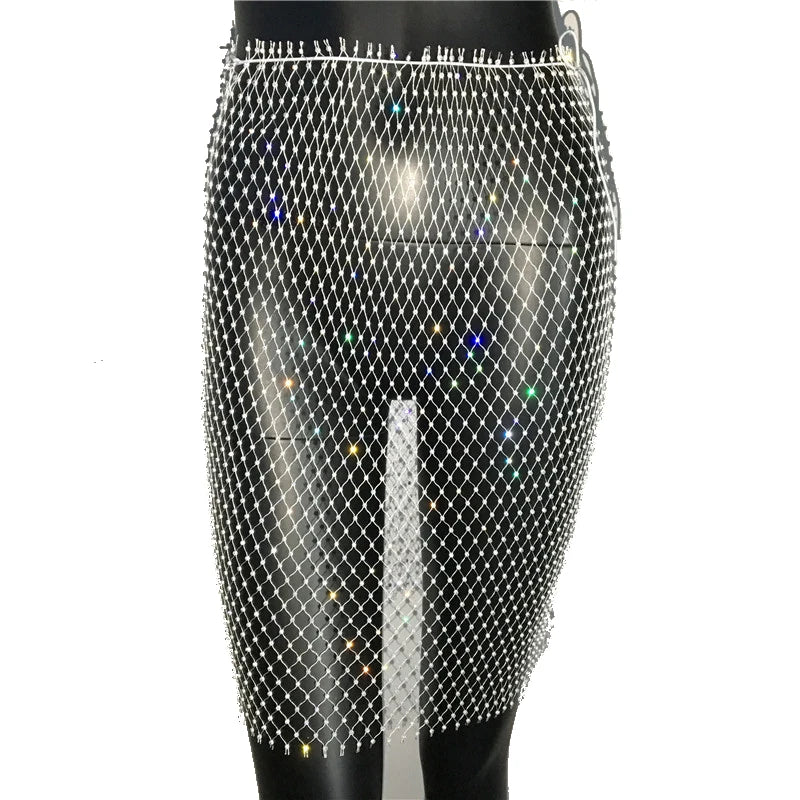 Rhinestone Fishnet Grid Midi Skirt - Sheer Empire Waist Skirt