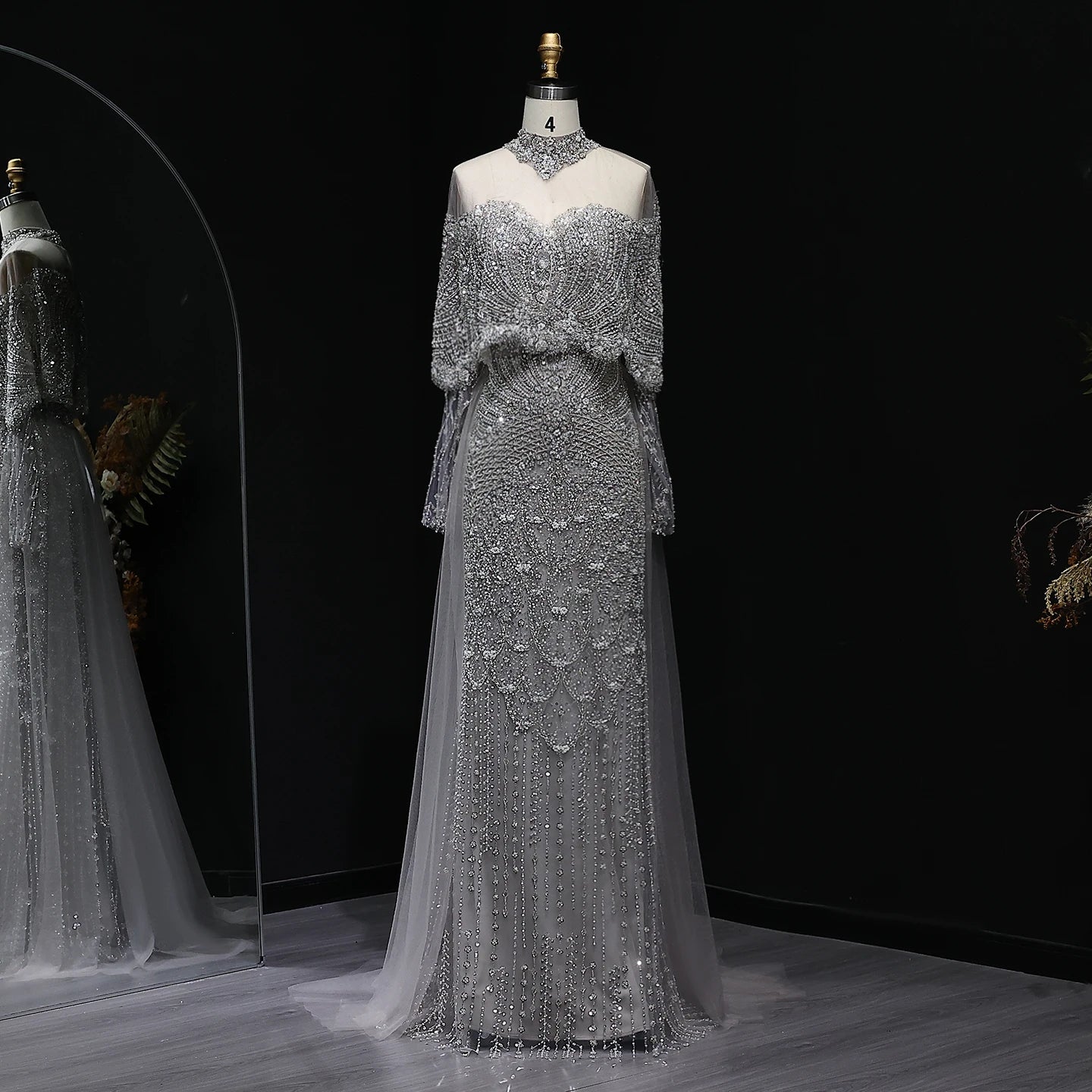 Beaded Cape Sleeve Pageant Gown | Detachable Overskirt | 4 Colors