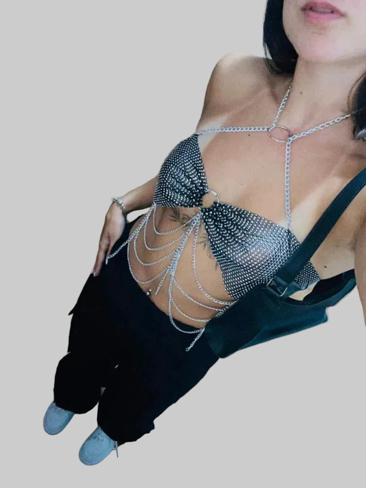 Rhinestone Fishnet Chain Tassel Halter Top - Backless Diamond Tank
