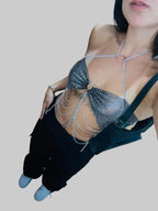 Rhinestone Fishnet Chain Tassel Halter Top - Backless Diamond Tank