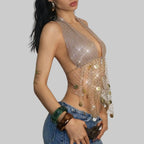 Rhinestone Mesh Tassel Crop Top - Sheer Backless Fishnet Tank