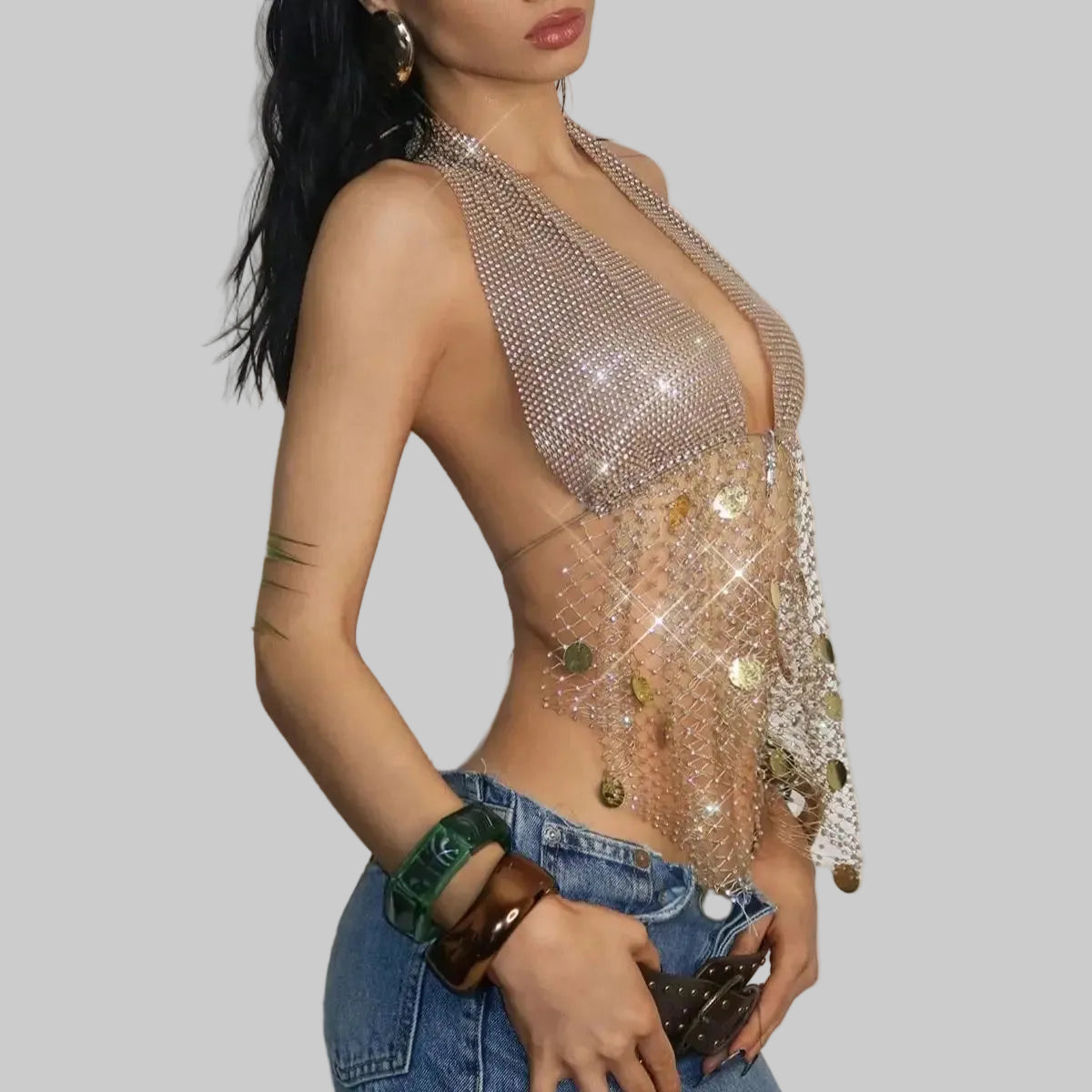 Rhinestone Mesh Tassel Crop Top - Sheer Backless Fishnet Tank