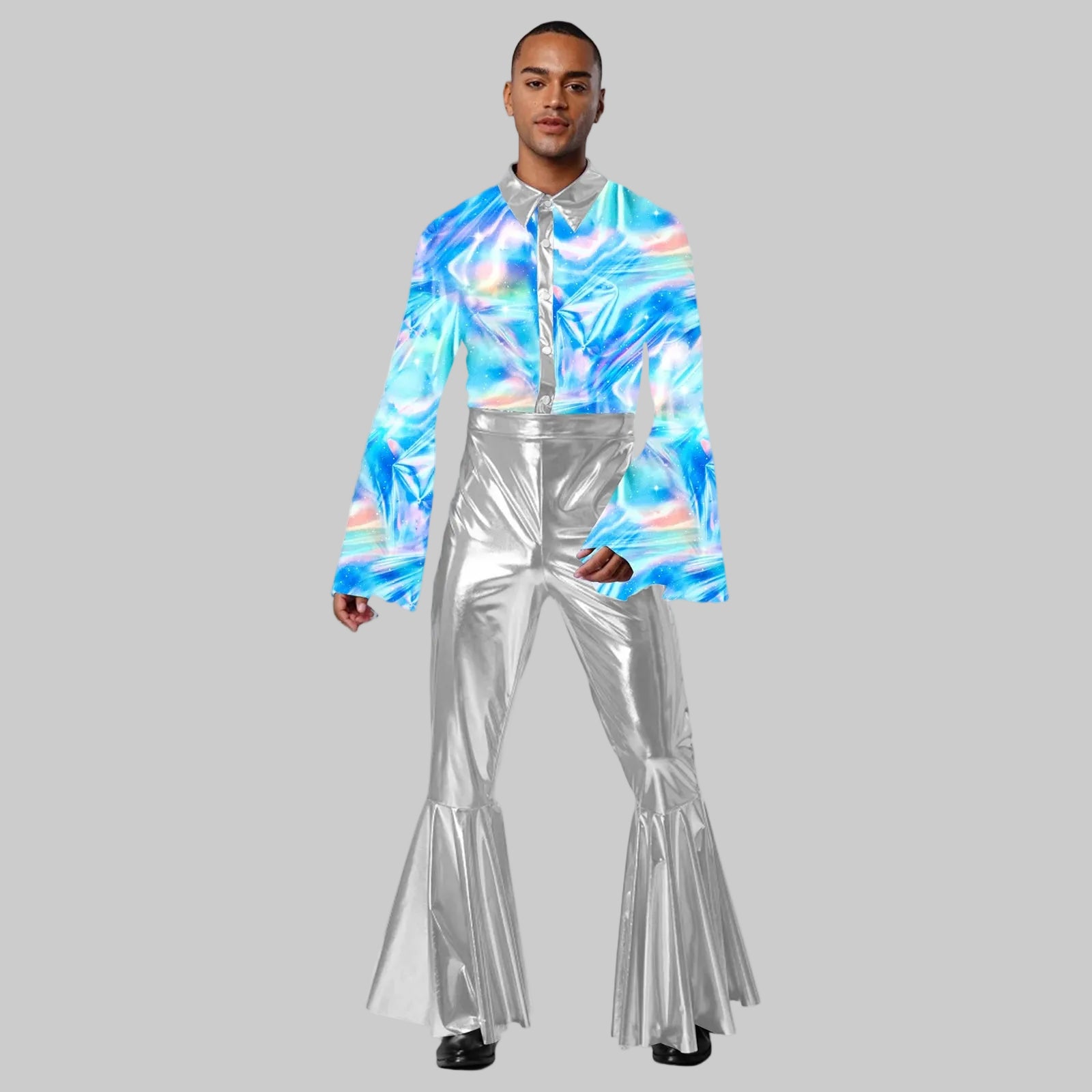 Men's Metallic Disco Jumpsuit - 70s Bell Bottom Performance Costume with Flared Sleeves