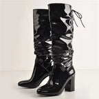 Pleated Patent Leather Mid-Calf Boots — Pointed Toe Chunky Heel