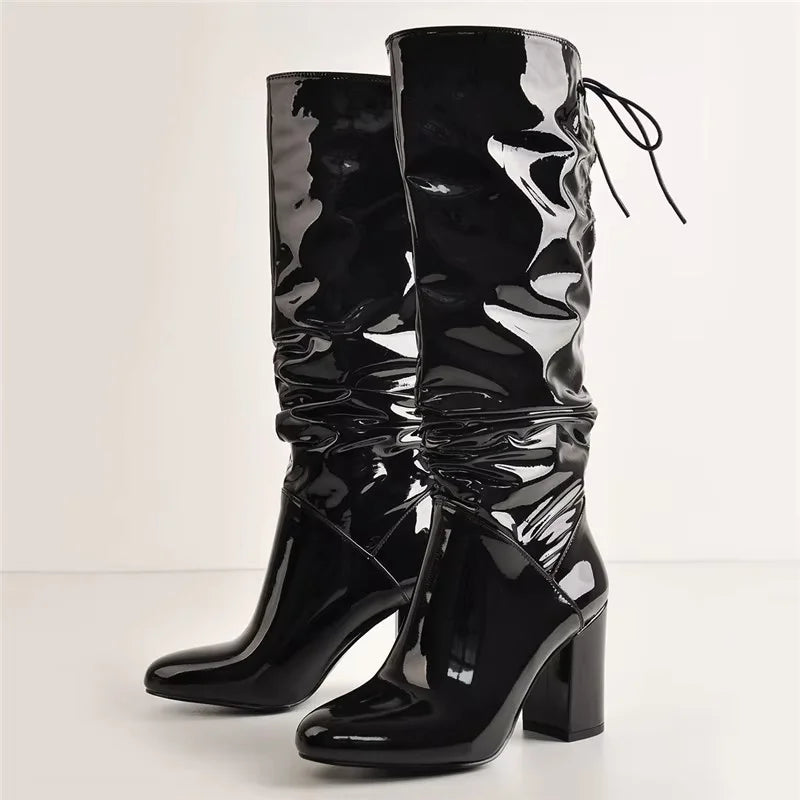 Pleated Patent Leather Mid-Calf Boots — Pointed Toe Chunky Heel