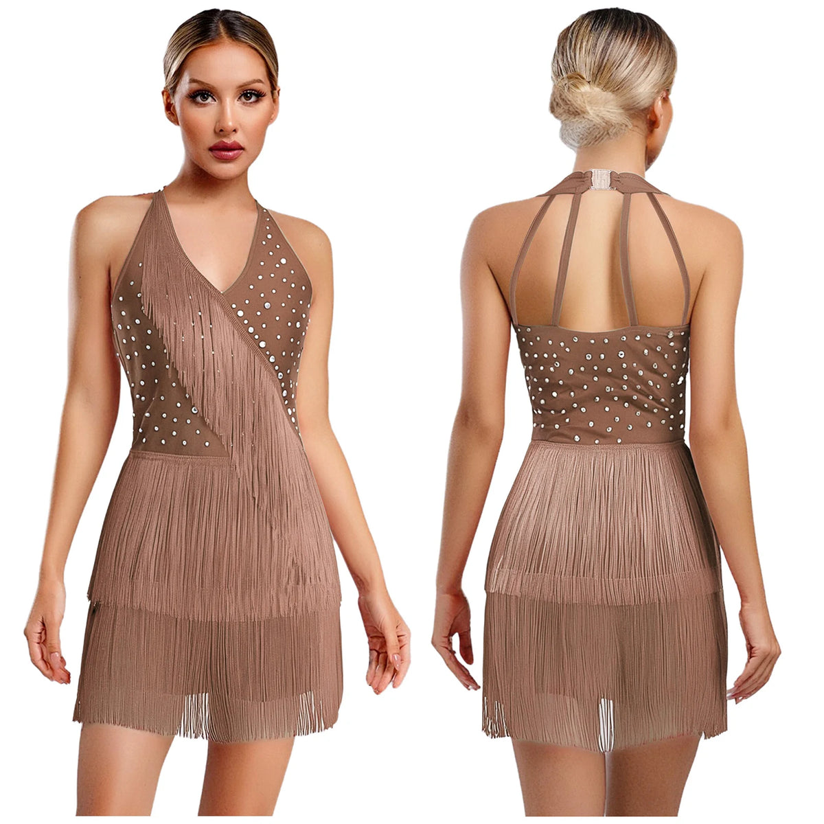Rhinestone Fringe Dress | Halter Neck | Latin Dance