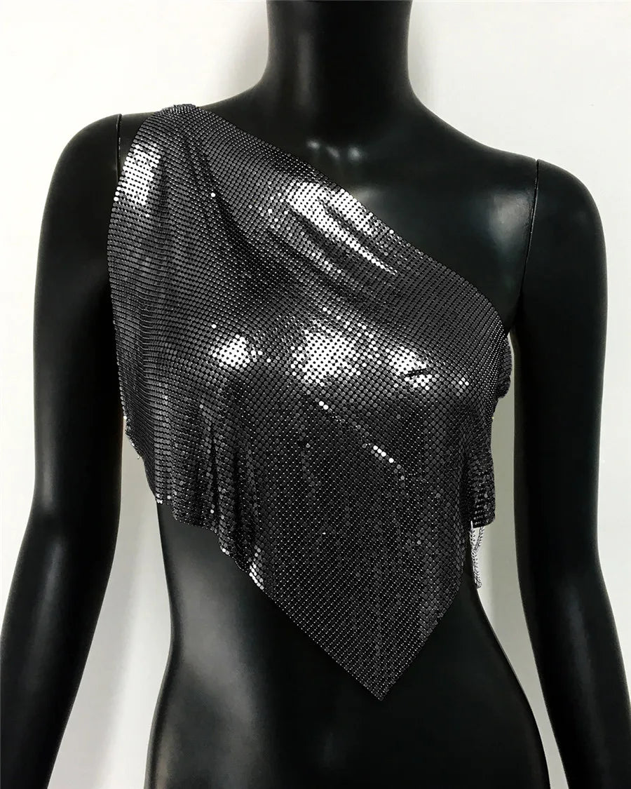 Sequin One-Shoulder Crop Top - Backless Chain Performance Cami
