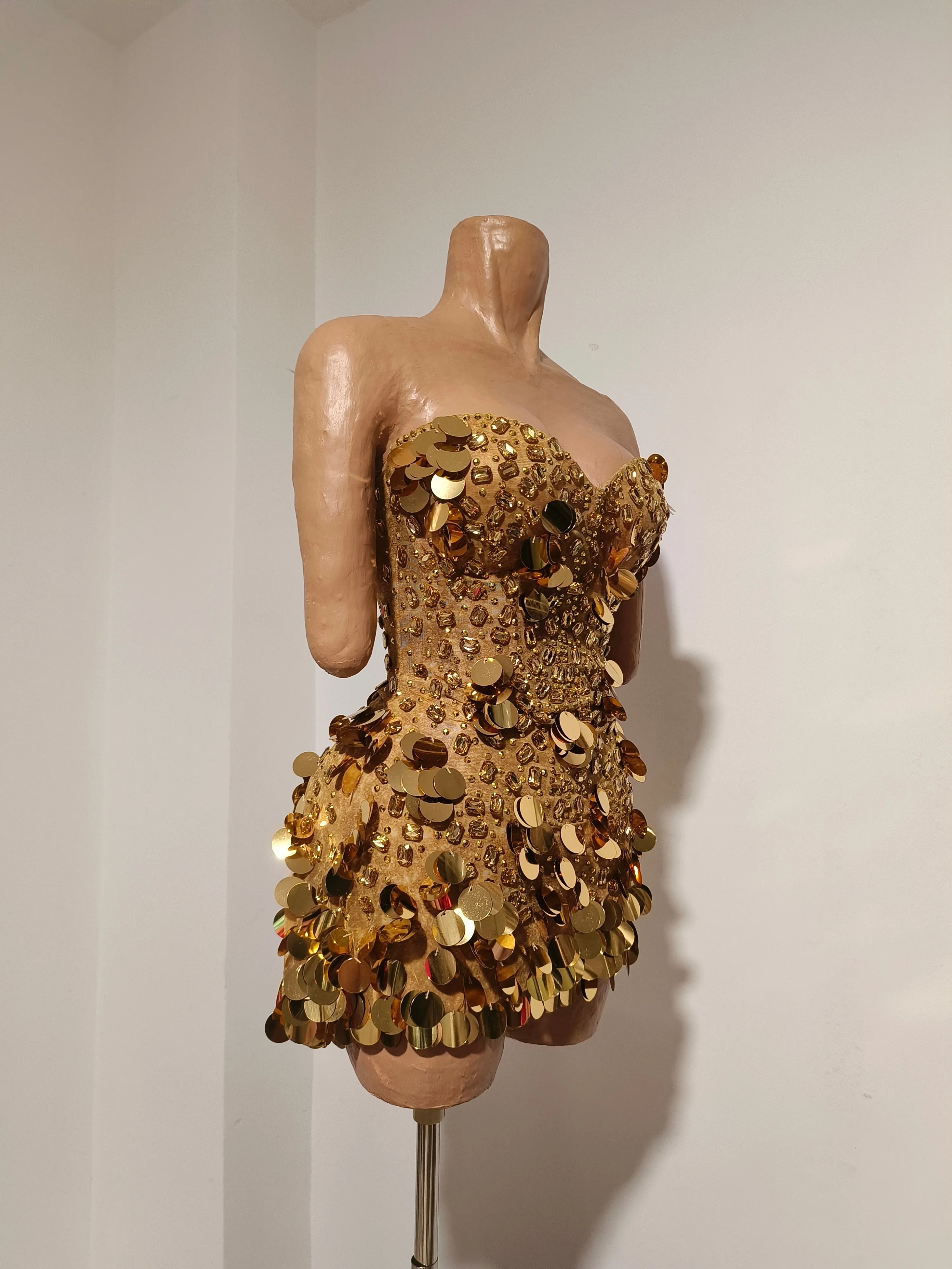 Coin Sequin & Rhinestone Mini Dress | Strapless | Gold & Silver