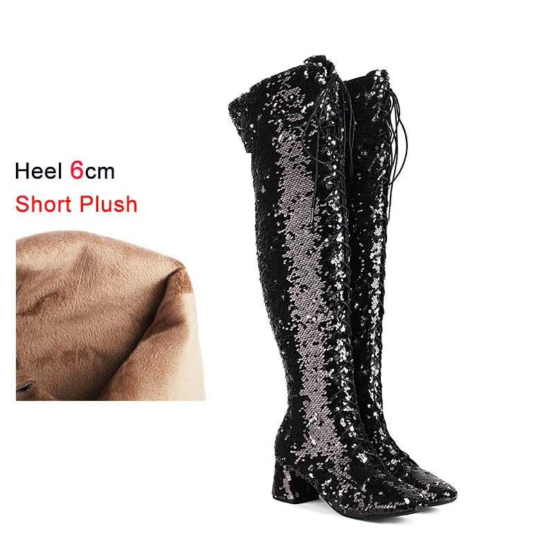 Glitter Sequin Over-the-Knee Boots | Lace-Up | 6cm Block Heel
