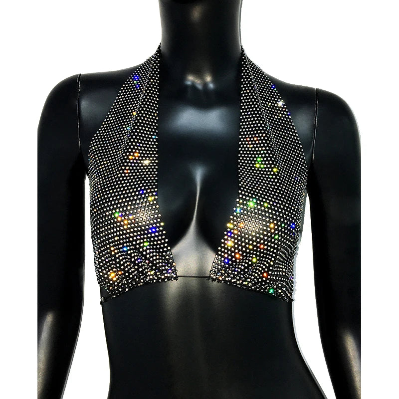 Rhinestone Fishnet Deep V-Neck Halter Crop Top