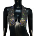 Rhinestone Fishnet Deep V-Neck Halter Crop Top