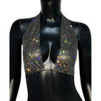 Rhinestone Fishnet Deep V-Neck Halter Crop Top
