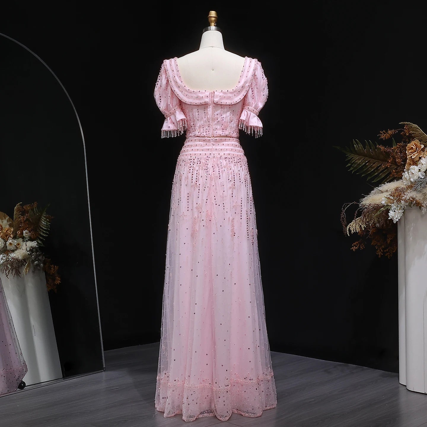 Crystal Two-Piece A-Line Gown | Puff Sleeves | Square Neck