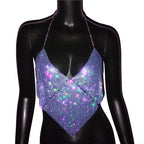 Rhinestone Halter Crop Top - Backless Metal Camisole for Festival & Stage