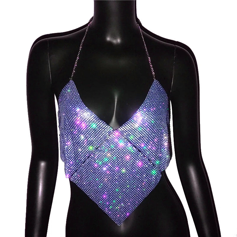 Rhinestone Halter Crop Top - Backless Metal Camisole for Festival & Stage