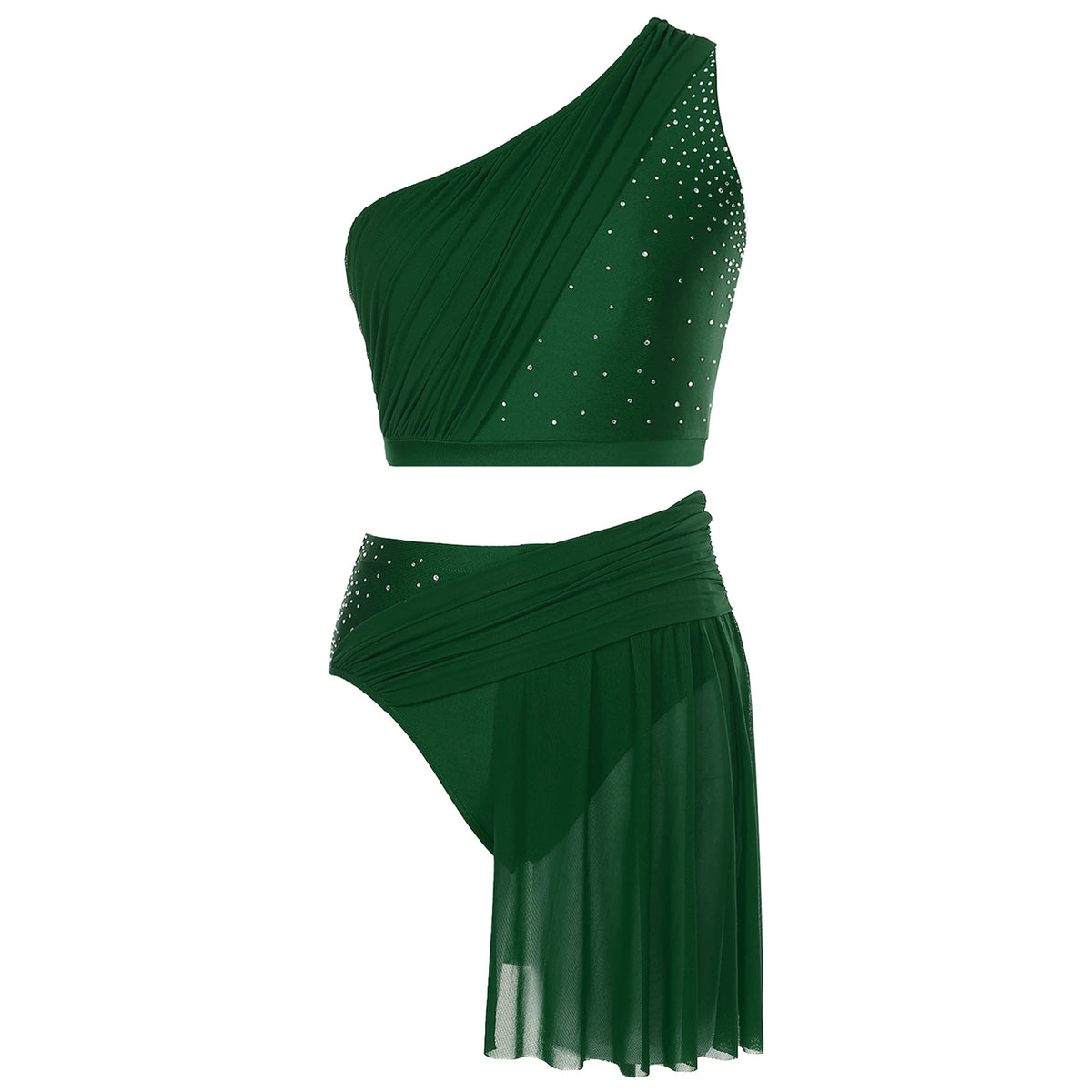 One Shoulder Rhinestone Dance Set | Crop Top & Skirted Brief