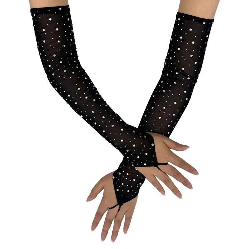 Rhinestone Mesh Opera Gloves | Fingerless | 3 Colors