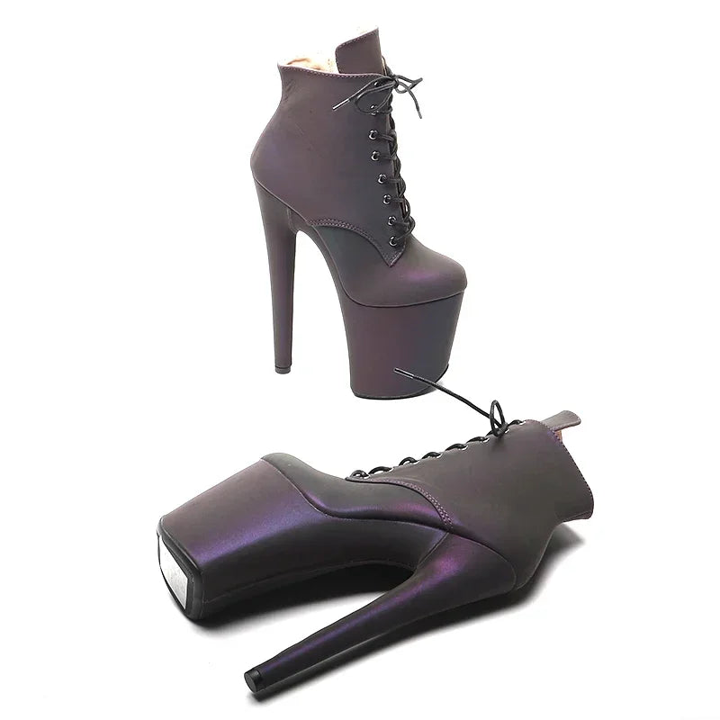8-Inch Reflective Platform Ankle Boots - Peep Toe Ankle Strap Dance Boots