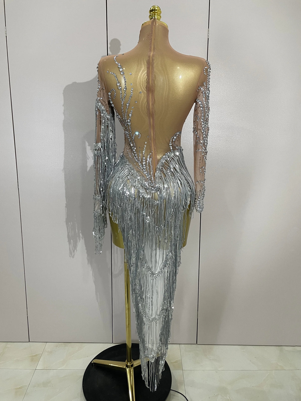 Rhinestone Mesh Tassel Dress | Sleeveless | Singer Stage