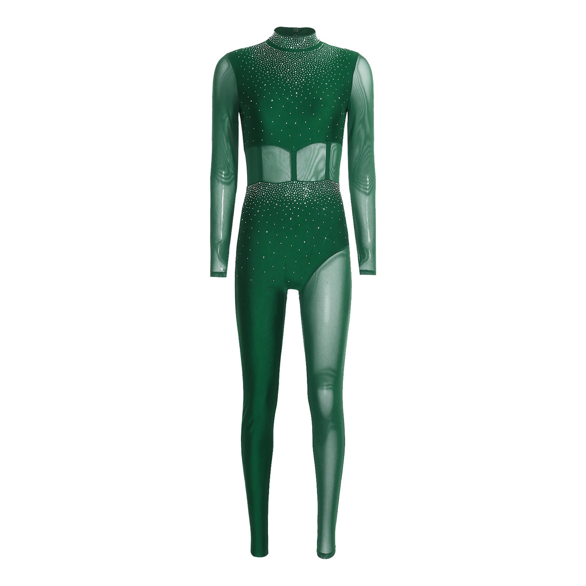 Women's Rhinestone Sheer Mesh Dance Jumpsuit | Mock Neck & One-Shoulder Styles | Gymnastics & Performance