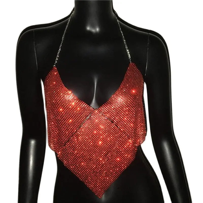 Rhinestone Halter Crop Top - Backless Metal Camisole for Festival & Stage