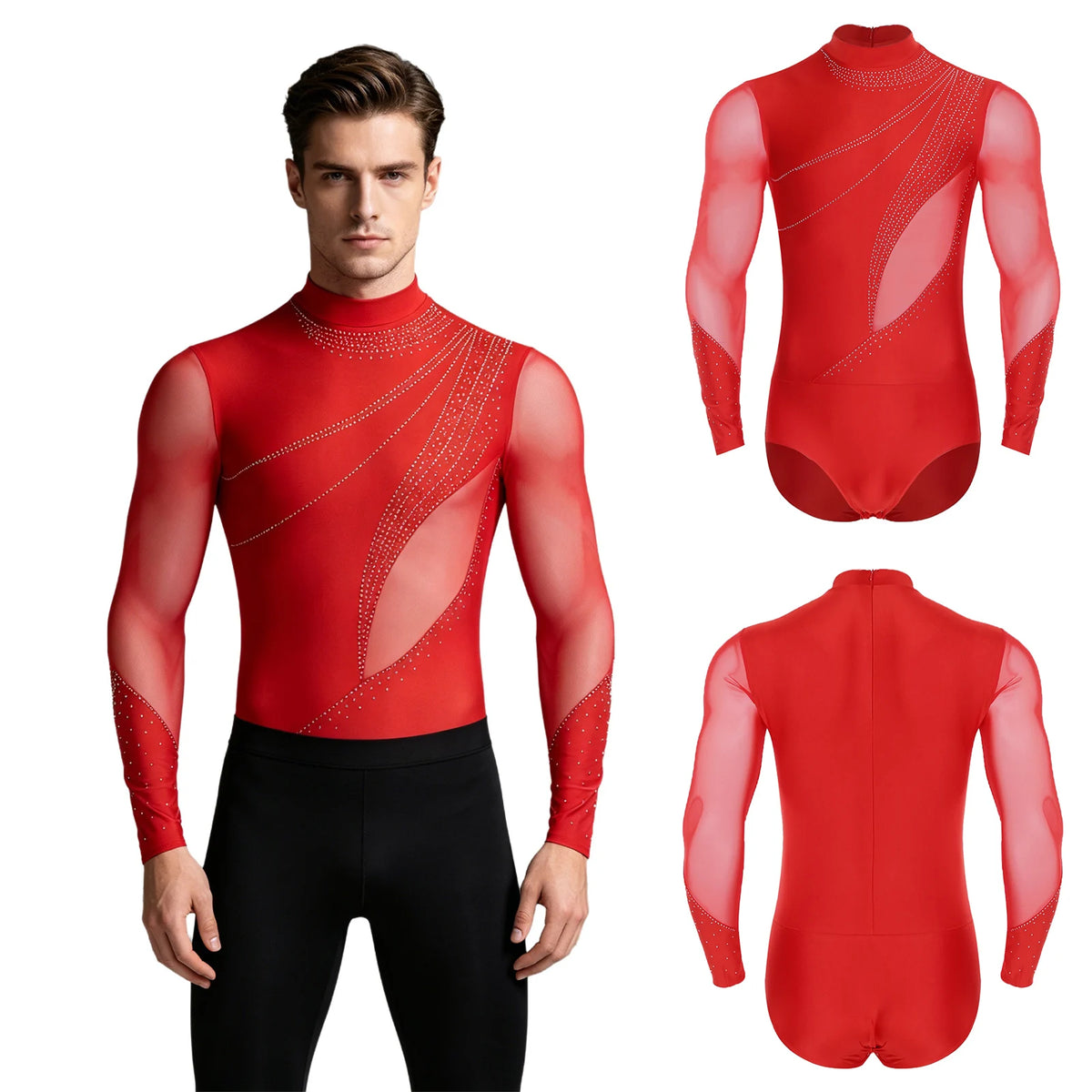 Men's Rhinestone Dance Leotard | Deep V-Neck & Velvet Mesh Patchwork | Long Sleeve