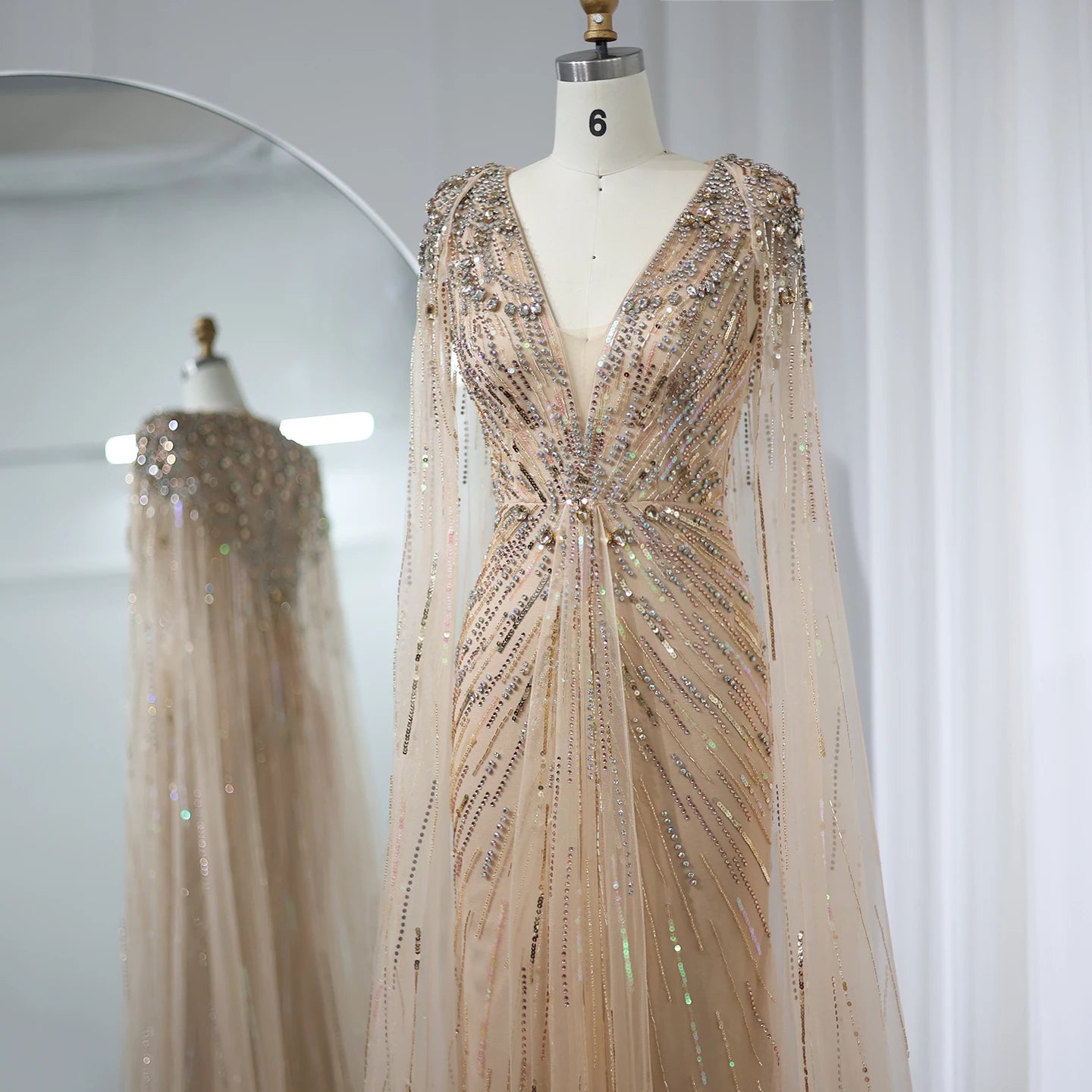 Crystal Cape Pageant Gown | Beaded | Floor-Length