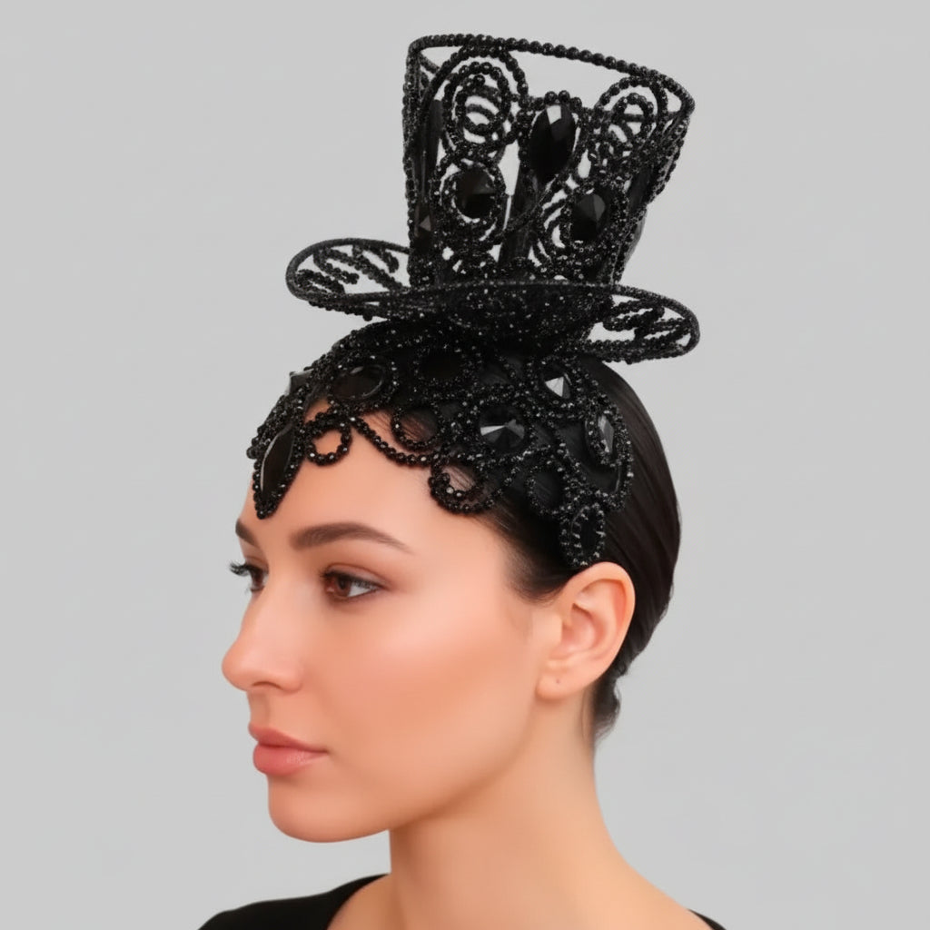 Rhinestone Top Hat Headpiece - Crystal Mini Top Hat for Stage & Party