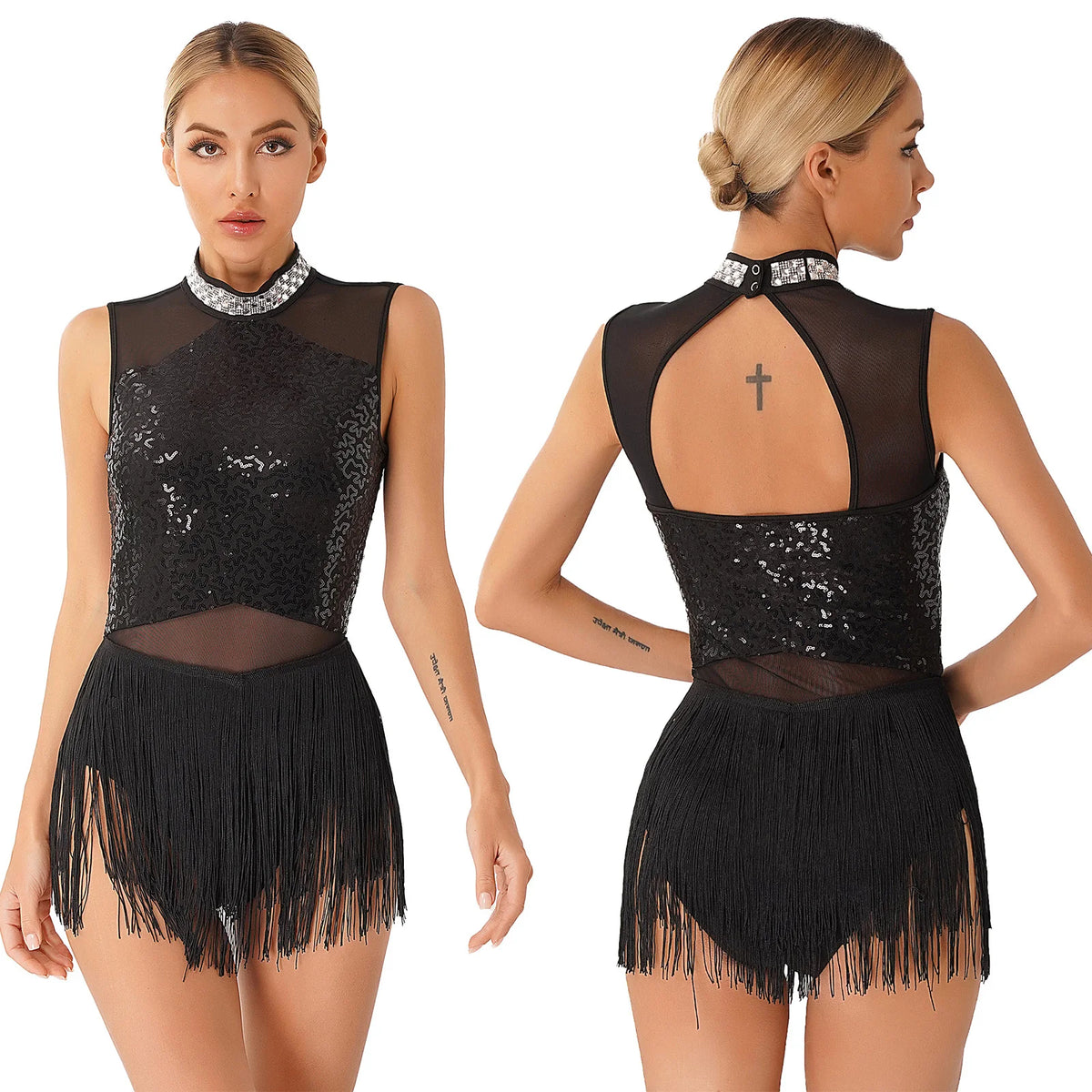 Midnight Fringe Rhinestone Latin Leotard