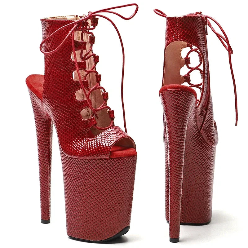 9-Inch Snake Print Ankle Boots - Open Toe Platform Dance Boots