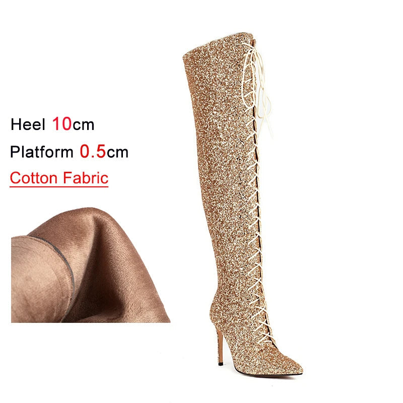 Sequin Over-the-Knee Boots | Lace-Up | 10cm Heel