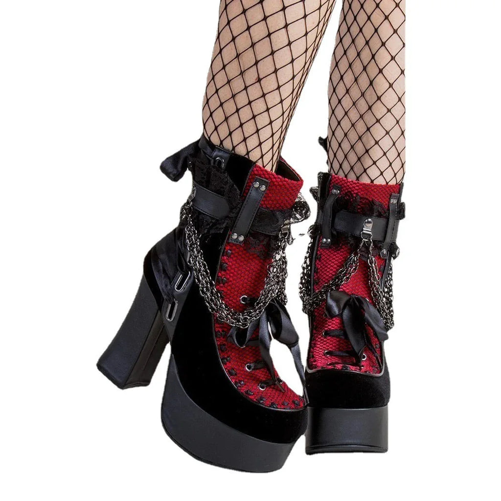 Gothic Chain Platform Ankle Boots | Lace-Up & Bow | Black & Red