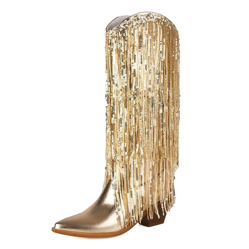 Knee-High Western Boots | Metallic Fringe