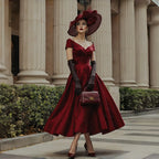 Burgundy Satin Swing Dress | Deep V | Tea Length
