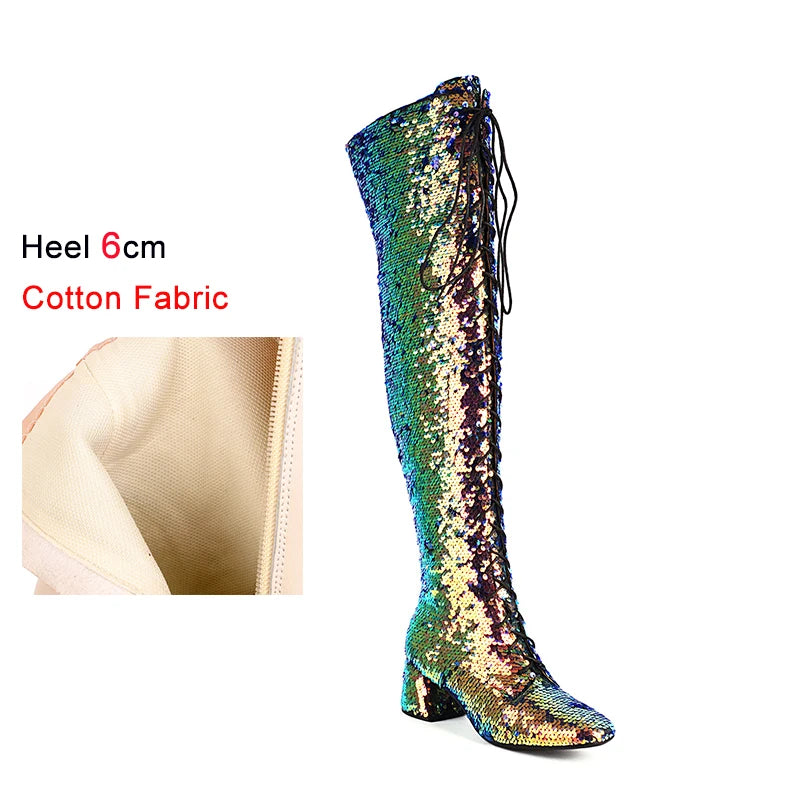 Glitter Sequin Over-the-Knee Boots | Lace-Up | 6cm Block Heel