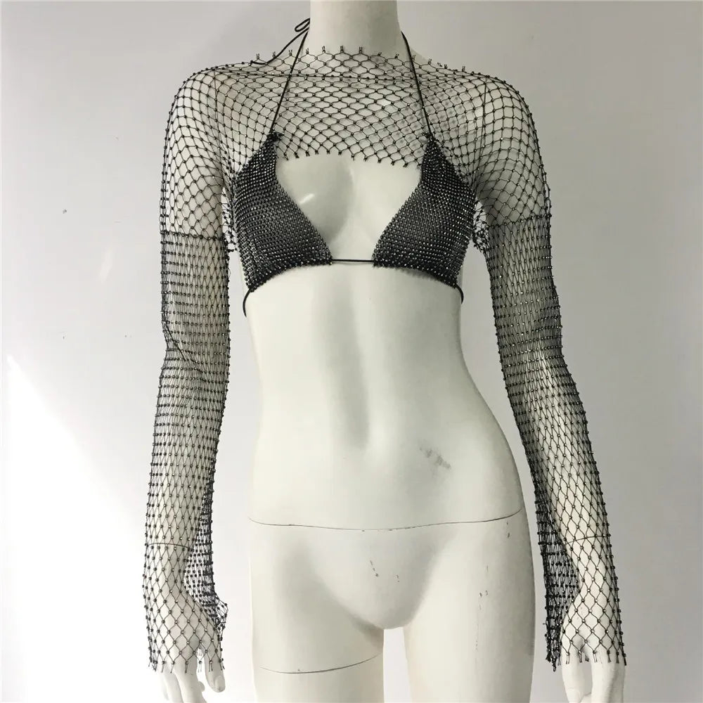 Rhinestone Fishnet Two-Piece Set - Sheer Long Sleeve Top & Bra Cover Up