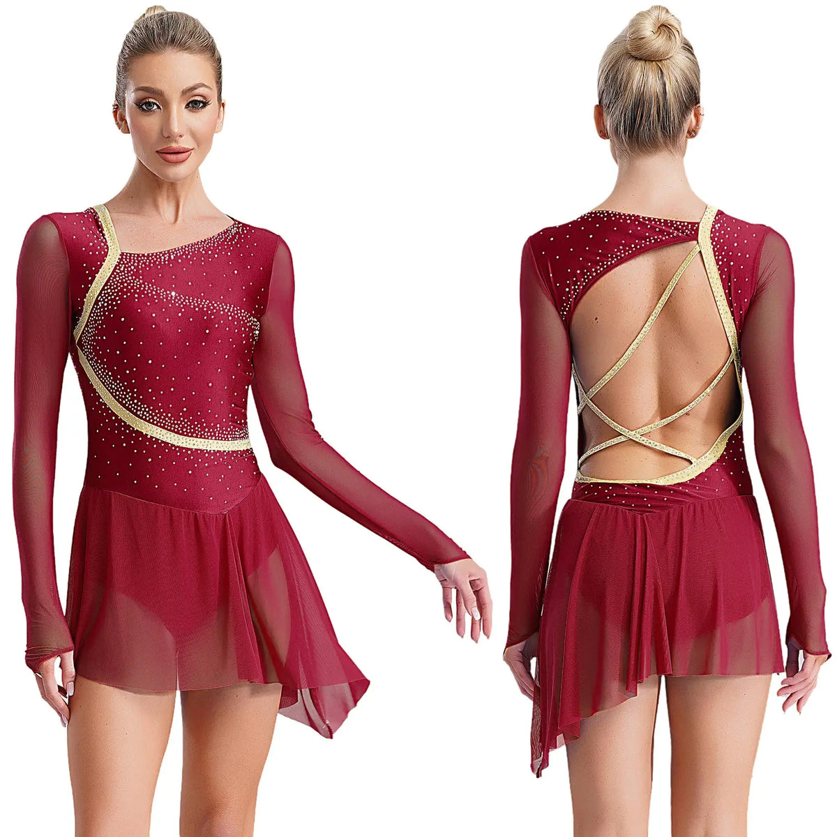 Rhinestone Mesh Skating Dress | Long Sleeve | Backless