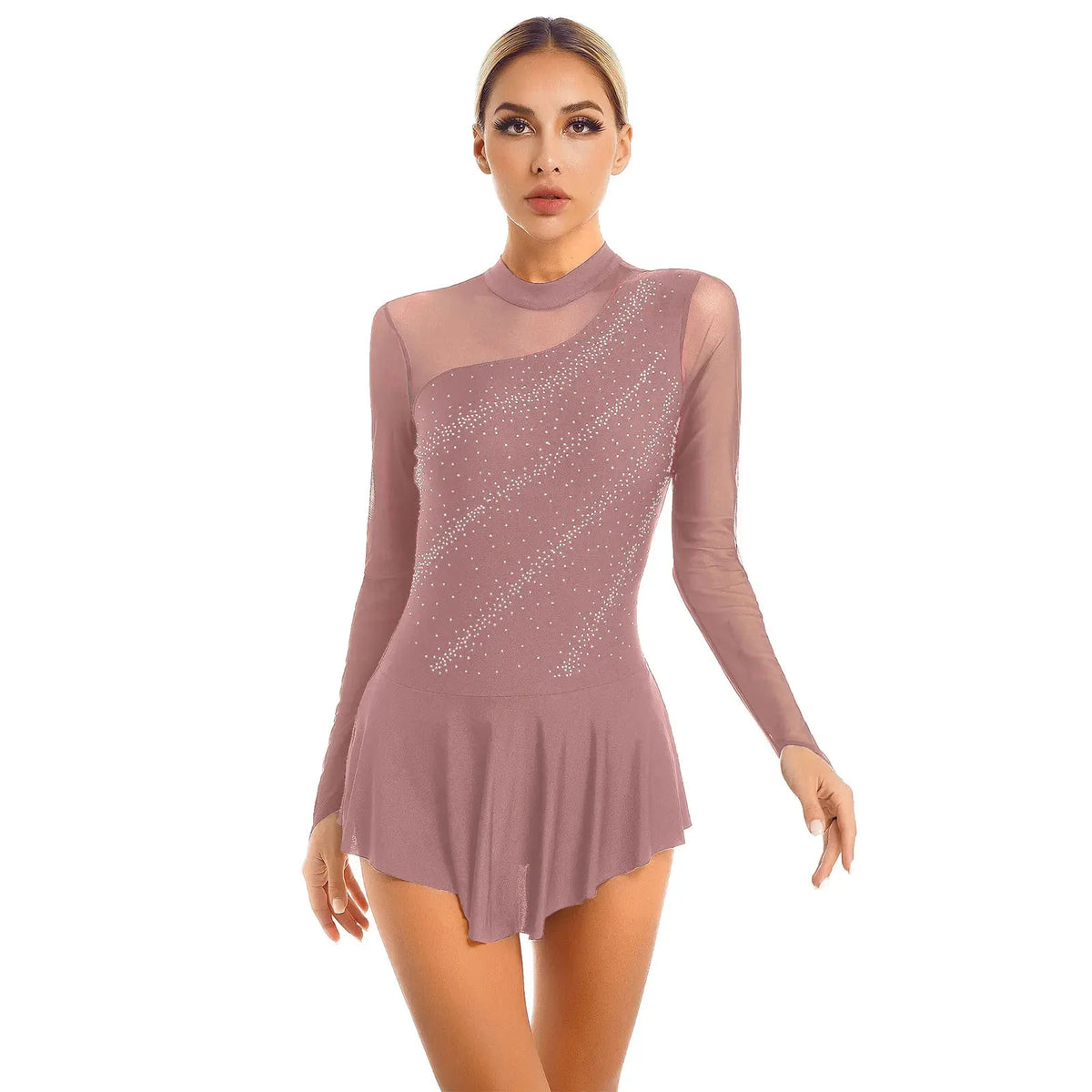 Rhinestone Skating Dress | Mock Neck | Back Keyhole | Long Sleeve