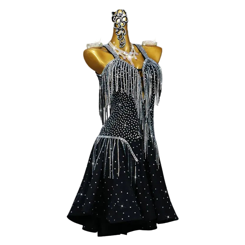 Rhinestone Tassel Latin Dance Dress – Short Performance Skirt