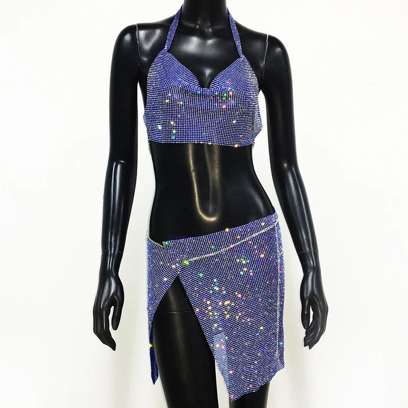 Rhinestone 2-Piece Set - Backless Crop Top & Split Mini Skirt