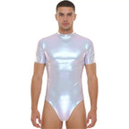 Men's Metallic Dance Bodysuit | Short Sleeve Mock Neck | Back Zipper | Stage Performance