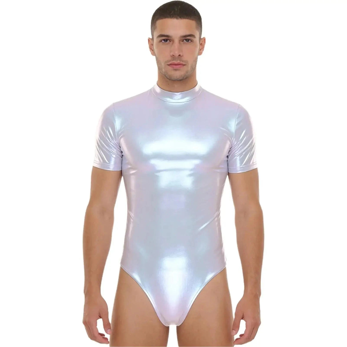 Men's Metallic Dance Bodysuit | Short Sleeve Mock Neck | Back Zipper | Stage Performance