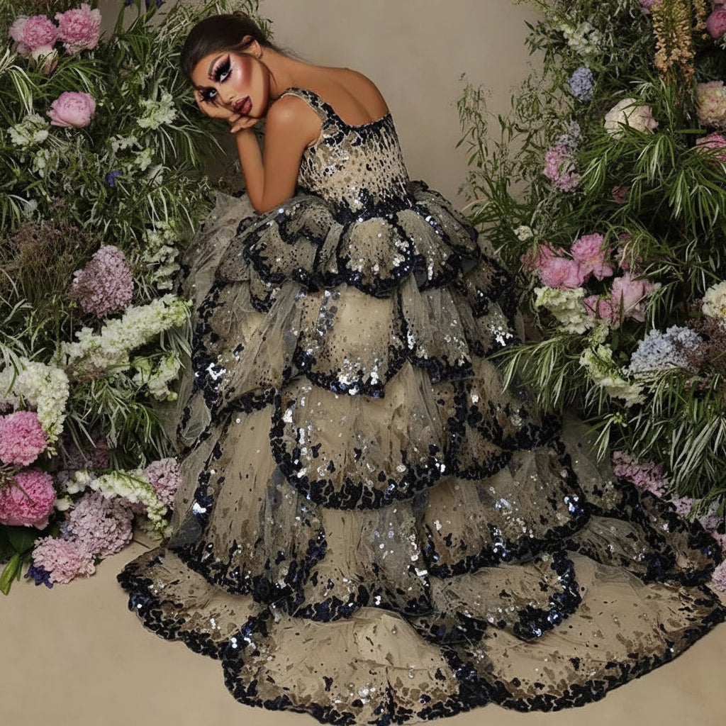 Tiered Ruffle Ball Gown | Sequin Lace Trim | Black Champagne